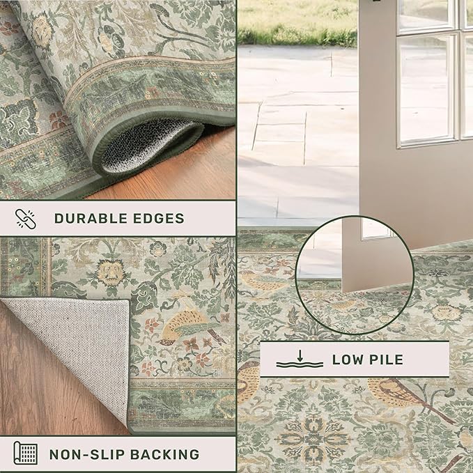 Hazo Haus Washable Sage Green 6ft Area Round Rug for Living Room - Vintage Circular Rug for Kids Bedroom, Dining Room, Office with Botanical Floral Bird Pattern, Low Pile Non Slip Stain Resistant