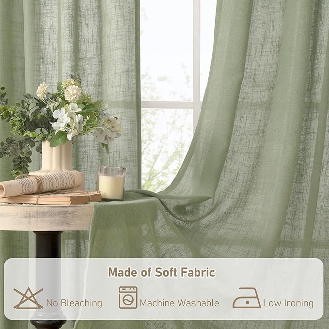 LAMIT Sage Green Linen Curtains 90 Inch for Living Room, Back Tab and Rod Pocket Linen Textured Curtains Light Filtering Drapes for Bedroom/Dining Room, Set of 2, 52 x 90 Inch