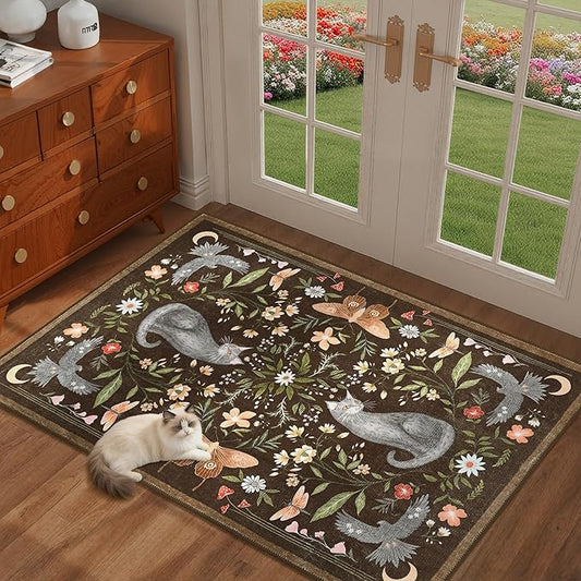GarveeHome Cat Entryway Rug, 2x3 Mushroom Insect Brown Washable Front Door Rug Indoor Entrance Floral Carpet Non-Slip Low Pile Throw Rugs for Kitchen Floor, Powder Room, Entry, Bathroom, Kids Room