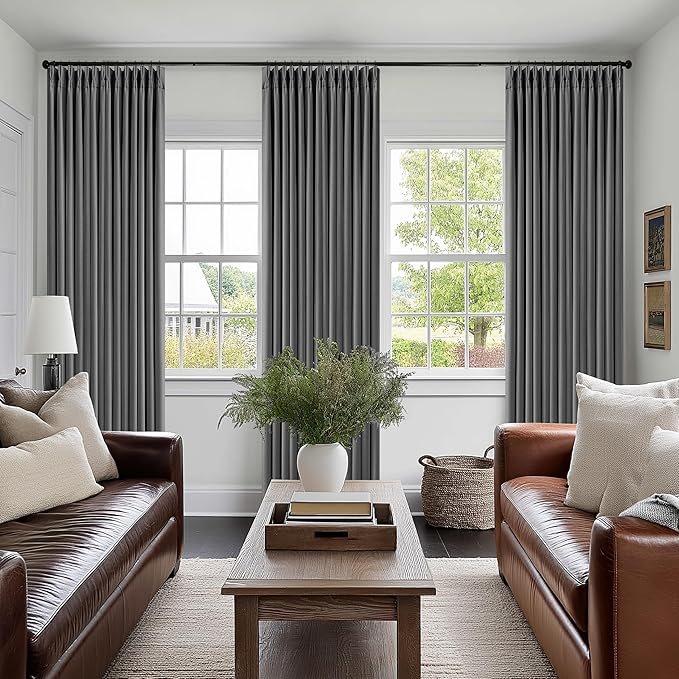 Dark Grey Pinch Pleated Blackout Curtains 102 Inches Long for Bedroom 100% Black Out Thick Linen Dual Layer Pleated Drapes Farmhouse Country Charcoal Gray 102 Inch Curtain for Dining Living Room