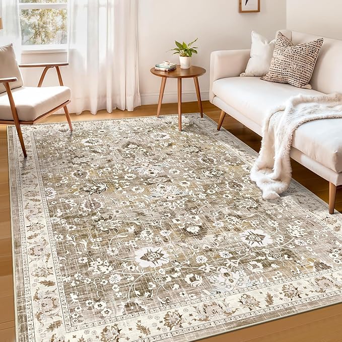 LOKHOM Living Room Area Rug 5x7, Non-Slip Vintage Soft Bedroom Rug with Rubber Backing, Low Pile Boho Floral Faux Wool Floor Carpet Distressed Rug for Bedroom Dining Room（Beige Brown）