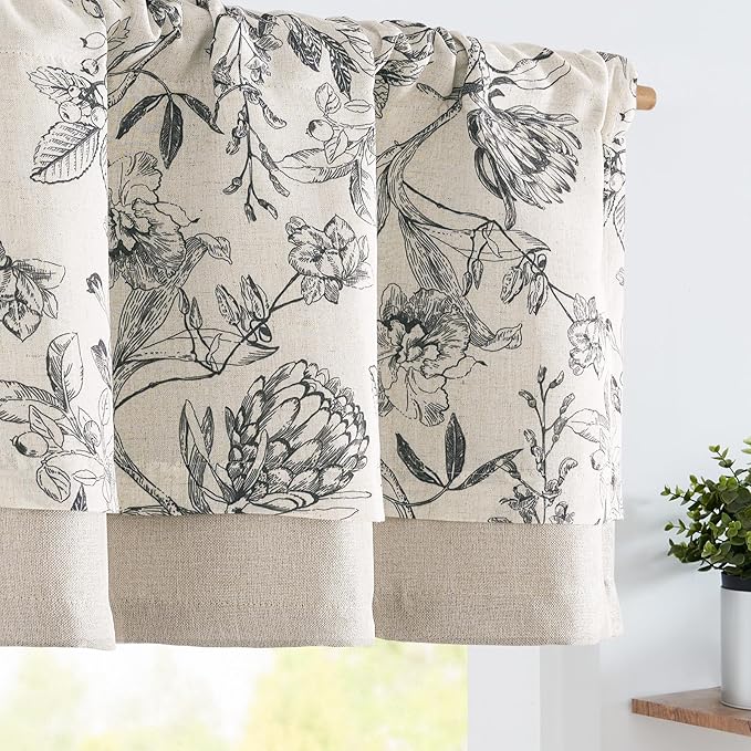 jinchan Linen Floral Valance for Windows Blackout Double Layer Valance Curtain 18 Inch Length for Living Room Bathroom Overlay Botanic Farmhouse Room Darkening 1 Panel Black on Beige