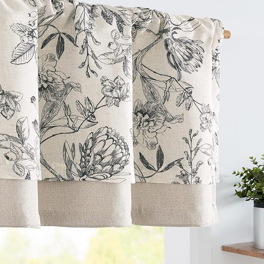 jinchan Linen Floral Valance for Windows Blackout Double Layer Valance Curtain 18 Inch Length for Living Room Bathroom Overlay Botanic Farmhouse Room Darkening 1 Panel Black on Beige