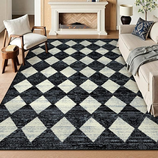 Lahome Zelie Checkered Washable 8 x 10 Area Rugs for Living Room, Black Bedroom Rug 8x10 Under Bed, Geometric Trellis Soft Ultra-Thin Indoor Carpet for Dining Room Dorm Kids Playroom (8'x10',Black)