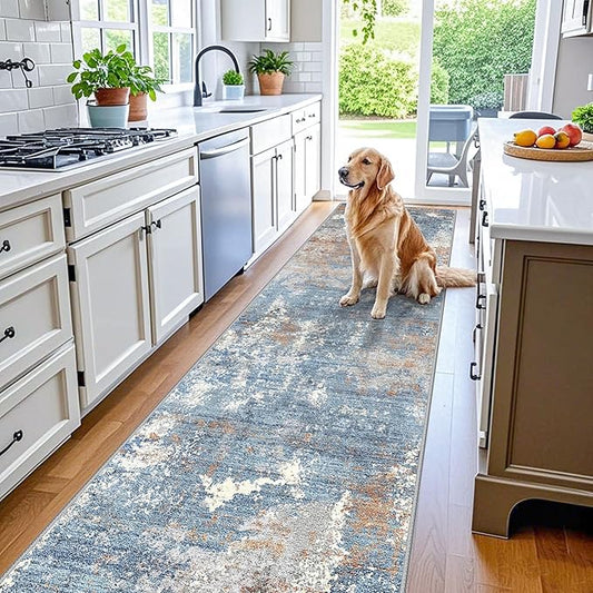3x10ft Washable Hallway Runner Rug - Non Slip Modern Wide Carpet for Kitchen Entryway Bathroom with Rubber Backing,Low Pile Thin Long Floor Runner Indoor（Blue Rust,3x10）
