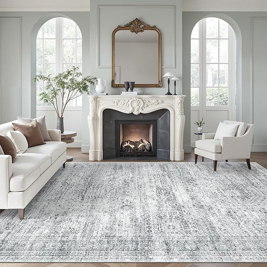 Soalmost Area Rug 10x12 Vintage Washable Living Room Large Gray Carpet Non Slip Bedroom Indoor Office Dining Room Low Pile Thin Rug Grey