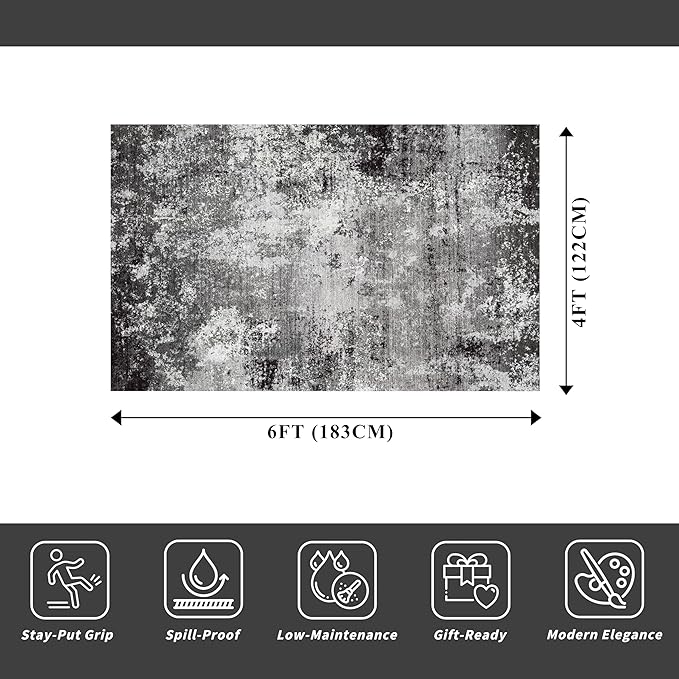 4x6 Washable Non-Slip Area Rug – Modern Abstract Neutral Small Carpet for Indoor Entryway, Kitchen, Bedroom, Living Room, Office – Low-Pile Thin Throw Rugs (Black Grey,4x6)