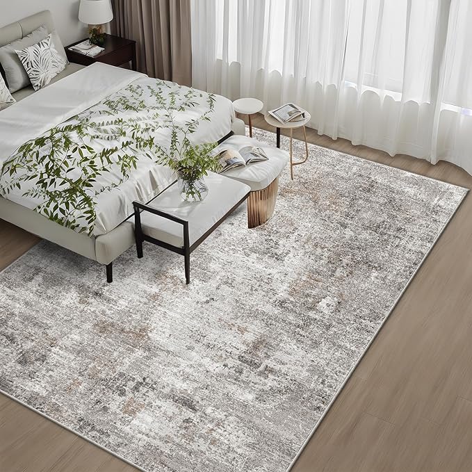5x7 Non-Slip Machine Washable Area Rug - Modern Abstract Neutral Carpet for Living Room, Bedroom, Kitchen, Dining Room, Office - Soft Low Pile Stain-Resistant Rug with Rubber Backing (Beige, Grey)