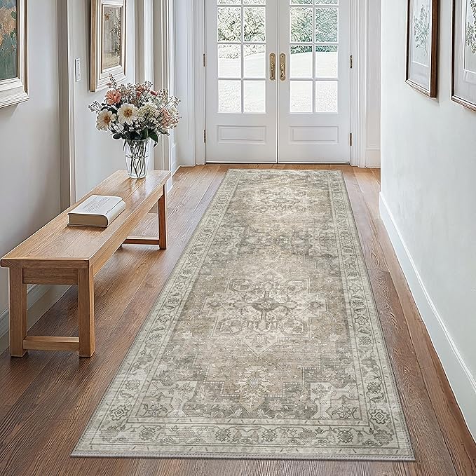 GENIMO Runner Rug for Hallways Machine Washable, 2x12 Non Slip Boho Vintage Lightweight Washable Runners, Thin Floor Rugs for Entryway Hallway Bathroom Laundry Room Corridor, Khaki Taupe