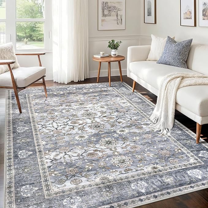 KUTA Vintage Area Rugs 5x7 Grey Blue, Washable Rugs for Living Room Ultra Thin Soft Non-Slip Printed Distressed Tribal Traditional Farmhouse Carpet for Bedroom Dining Room Dorm Office Home