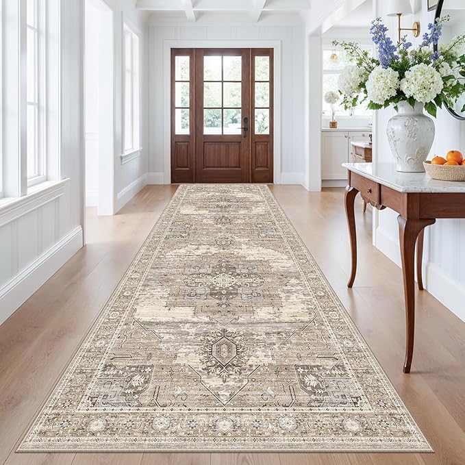 4x12 Runner Rug Wide Hallway - Washable Long Runners for Entryway Bedroom Kitchen Soft Stain Resistant Carpet Vintage Ultra-Thin Rugs with Non Slip Backing Home Decor Desiged for RV Living 4x12 Beige