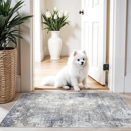 2x4 Runner Rug Washable Non-Slip – Small Throw Rug for Kitchen Floor, Bedroom, Entryway, Bathroom, Bedside – Modern Abstract Neutral Low-Pile Thin Indoor Door Mat（Blue Grey,2x4）