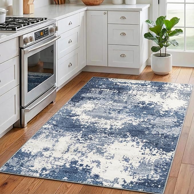 Entryway Rug 3x5 Blue Door Mat Indoor Entrance 36x60, Washable Small Throw Rugs for Kitchen Floor, Entry, Front Door, Bedroom Bedside, Non-Slip Low Pile Stain & Fade Resistant, Abstract Navy