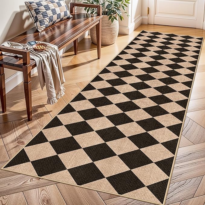2x8 Checkered Runner Rug for Hallway: Washable Faux Jute Runners Indoor Farmhouse Style - Carpet Non-Slip Backing - Non Slip Narrow Floor Runners for Entryway Kitchen Living Room (Black/Brown,2x8)