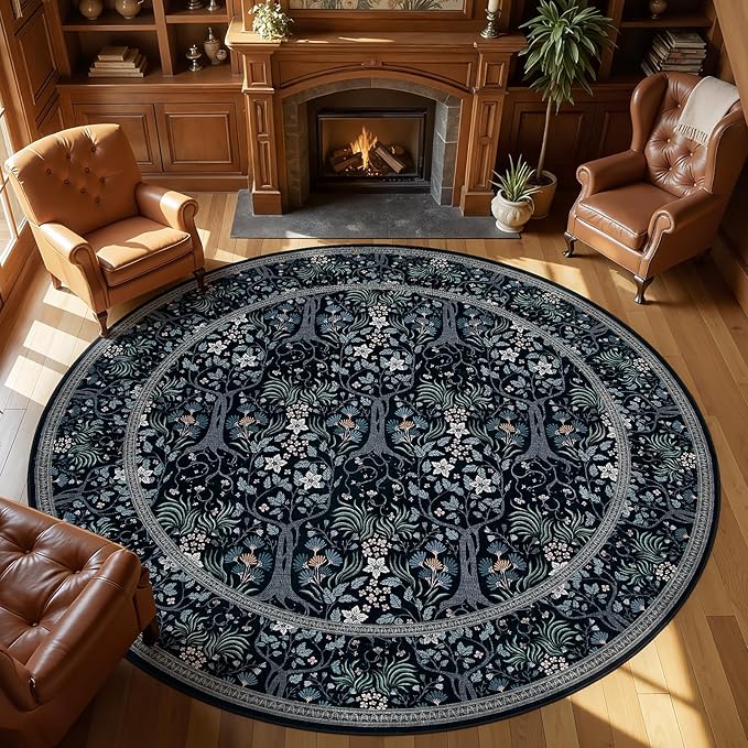 Joydeco Washable Large Round Area Rug for Living Room, Vintage Round Rugs 8ft Non Slip, Soft Throw Circle Carpet for Bedroom, Dining Room Under Kitchen Table, Black-Blue Floral Décor