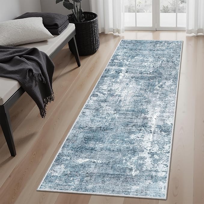 Soalmost Runner Rug 2'x6' Abstract Washable Non-Slip Runner Rugs for Kitchen Bathroom Laundry Room Blue Vintage Floor Carpet Runners for Hallway Entryway