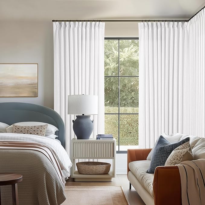 TWODRAPES Extra Wide 108 Inch Long Curtains 70 Inch Wide Pinch Pleat Linen Curtains for Living Room Bedroom Light Filtering Privacy Pleated Drapes Hooks Rings Back Tab for Sliding Door White 1 Panel