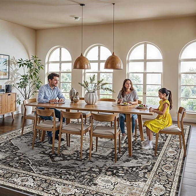 Living Room 12x12 Area Rug - Large Washable Area Rugs with Non Slip Backing Stain Resistant Carpet Indoor Soft Carpets Distressed Decoration Mat for Bedroom Dining Room 12x12 Black