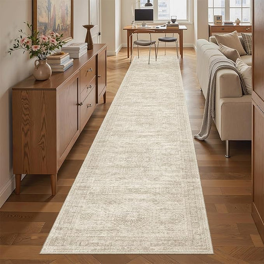 Soalmost Runner Rug 2'x10' Washable Non-Slip Runner Rugs for Kitchen Bathroom Laundry Room Beige Vintage Floor Carpet Runners for Hallway Entryway