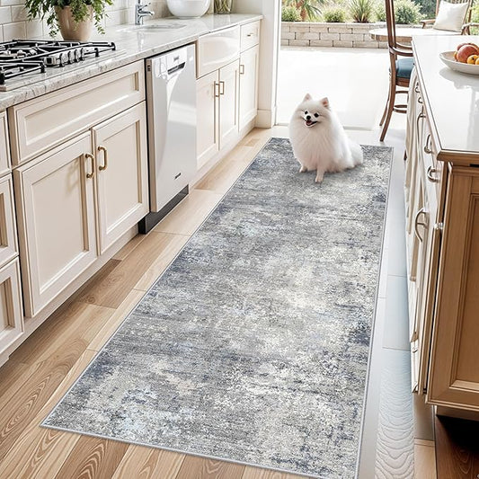 3x7 Kitchen Runner Rug – Washable Non-Slip Modern Abstract Neutral Carpet for Hallway, Entryway, Bedroom, Bathroom – Low-Pile Thin Stain-Resistant Wide Floor Runner (Blue Grey,3x7)