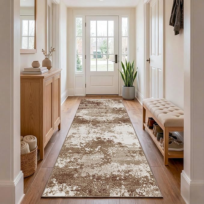 Brown Rug Runners for Hallways Kitchen 2.6x8 Non Slip Washable Entryway Runner Rugs with Rubber Backing 8ft Long Carpet Runner for Laundry Bedroom, Low Pile Stain & Fade Resistant, Abstract Coffee
