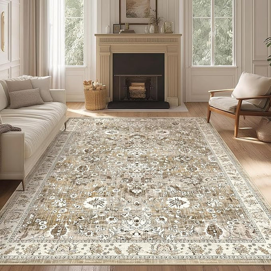 LOKHOM Living Room Area Rug 6x9, Non-Slip Vintage Soft Bedroom Rug with Rubber Backing, Low Pile Boho Floral Faux Wool Floor Carpet Distressed Rug for Bedroom Dining Room（Beige Brown）
