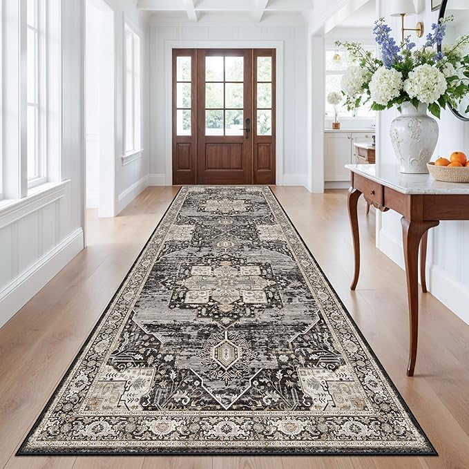 RUUGME Washable 4x12 Runner Hallway - Extra Long Runner Rug Soft Stain Resistant Carpet Vintage Ultra-Thin Rugs for Entryway Bedroom Kitchen with Non Slip Backing Home Decor Small Mat 4x12 Black