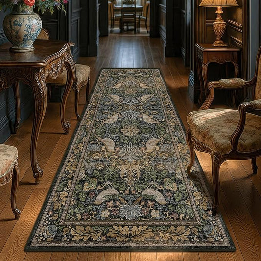 Floral Kitchen Runners - 2x6 Runner Rug for Hallway Bathroom Laundry Room Bedroom Beside Bed Entryway, Boho Birds Leaves Patterned Non Slip Low Pile Washable Rugs
