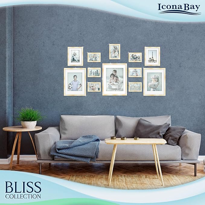 Icona Bay - 12x16 Gold Picture Frame with Removable Mat to 9x12 Photo - Modern Style Engineered Wood Poster Frame - Wall Mount Only - Bliss Collection