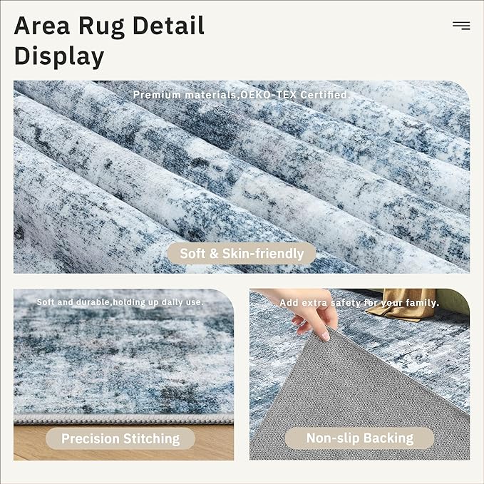 Soalmost 8x8 Blue/Grey Round Rug 8ft Living Room Circle Rug Vintage Round Area Rug Non Slip Indoor Carpet for Apartment