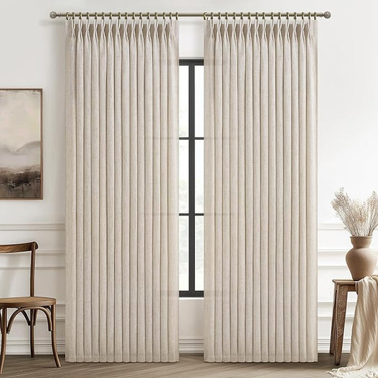 Extra Wide 70 Inch Light Filtering Curtains 108 Inches Long 2 Panels Set for Living Room, Memory Trained Pinch Pleated Natural Linen Sheer Oatmeal Neutral Thick Burlap Windows Curtain & Drapes 9FT