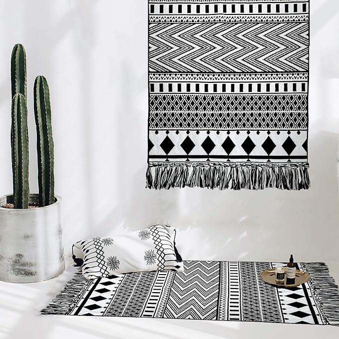 IOHOUZE Black Boho Area Rug - 4'x6' Cotton Woven Indoor Outdoor Doormat, Black White Runners for Hallways, Machine Washable Runner Rug for Kitchen Bedroom Living Room Laundry Entryway