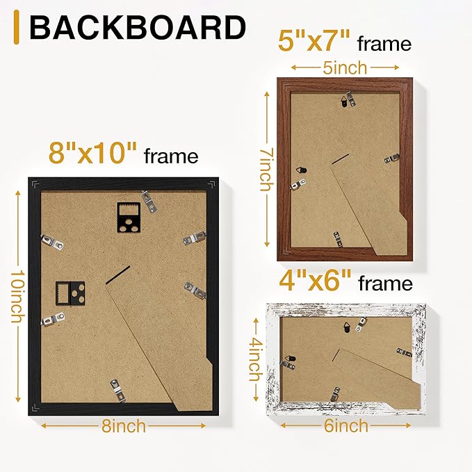 Vittanly 15 Pack Picture Frames Collage Wall Decor for Mounting or Tabletop Display, Gallery Frame Set Including 3pcs 8x10, 6pcs 5x7, 6pcs 4x6, Black, Walnut Brown and Distressed White