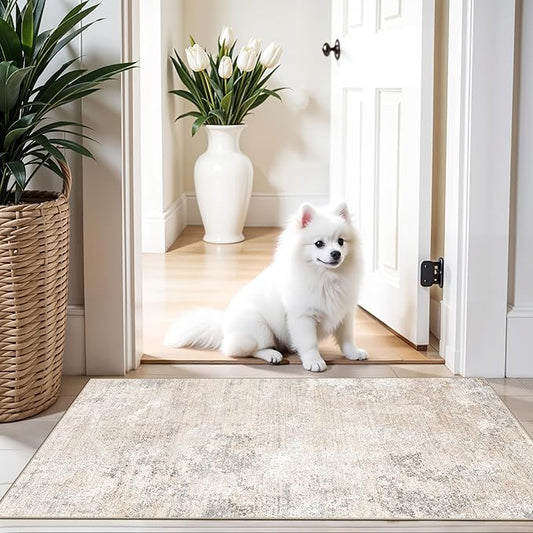 2x4 Washable Non-Slip Runner Rug – Small Throw Rug for Kitchen Floor, Bedroom, Entryway, Bathroom, Bedside – Modern Abstract Neutral Low-Pile Thin Indoor Door Mat (Beige Grey,2x4)