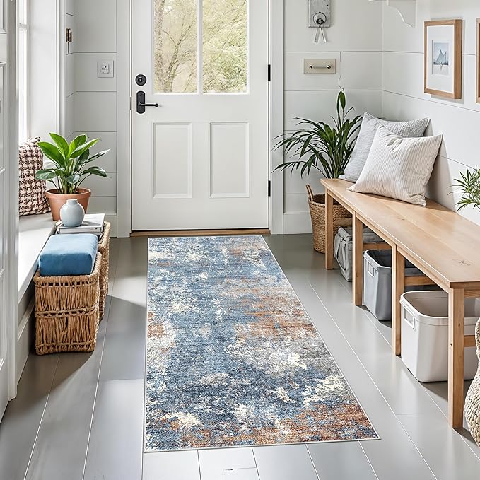 2x4 Runner Rug Washable Non-Slip – Small Throw Rug for Kitchen Floor, Bedroom, Entryway, Bathroom, Bedside – Modern Abstract Neutral Low-Pile Thin Indoor Door Mat（Blue Rust,2x4）