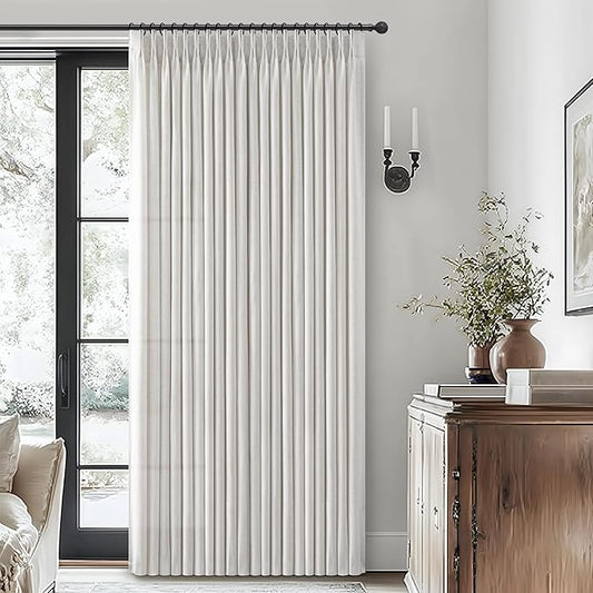 Beige White Linen Extra Wide Sheer Curtains 70 x 90 Inches Long 2 Panels Set for Bedroom, Pinch Pleat Light Filtering Summer Heat Curtain with Ceiling Track Off White 90 Inch Length Sliding Door Burg