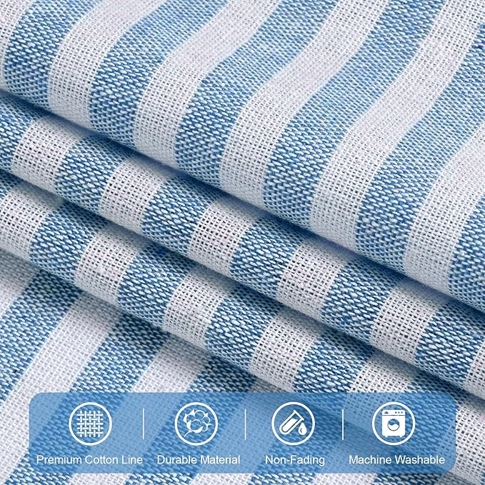 ASPMIZ Farmhouse Living Room Curtains Boho, Country Linen Curtains with Rustic Buttons, Rod Pocket & Back Tab Lake Blue Striped Curtain for Bedroom Window Curtain Home Decor, 52 x 63 Inch, 2 Panels