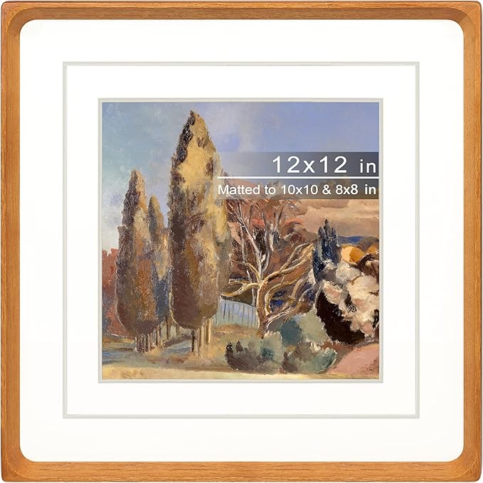 Square 12x12 Picture Frame with Mat for 8x8/10x10, Natural Teak Wood Handcrafted Rounded Corner with Real Glass, Vertical or Horizontal Display Photo Gallery Wall Mounting Frame