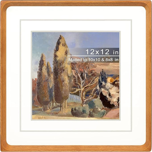 Square 12x12 Picture Frame with Mat for 8x8/10x10, Natural Teak Wood Handcrafted Rounded Corner with Real Glass, Vertical or Horizontal Display Photo Gallery Wall Mounting Frame
