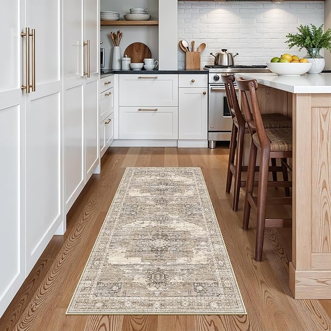 RUUGME Washable 3X6 Runner Rug - Soft Ultra Thin Easy to Clean Runner for Housewife Aged 35-44 - Perfect for Entryway/Hallway/Kitchen/Balcony Vintage Boho Rug 3x6 Beige