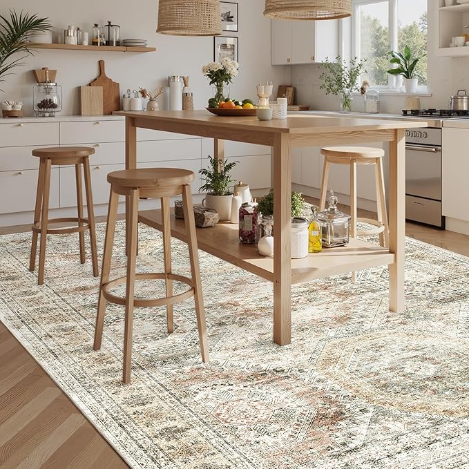 Soalmost Washable Area Rug 8x10, Large Soft Rugs for Living Room Vintage 8x10 Area Rugs for Bedroom Dining Room Non-Slip Stain Resistant Under Table Brown Pink Rug