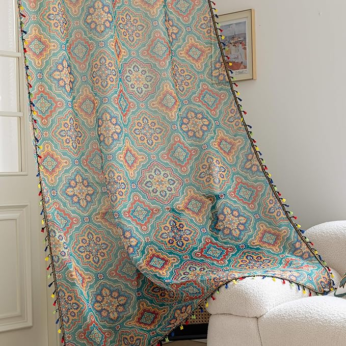 Blue Geometric Sheer Curtains 96 inch Long, Fringed Edges and Textured Semi Sheer Curtains Large Window Treatments for Living Room/Bedroom, 2 Panels