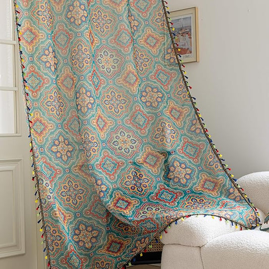 Blue Geometric Sheer Curtains 54 inch Long, Fringed Edges and Textured Semi Sheer Curtains Large Window Treatments for Living Room/Bedroom, 2 Panels