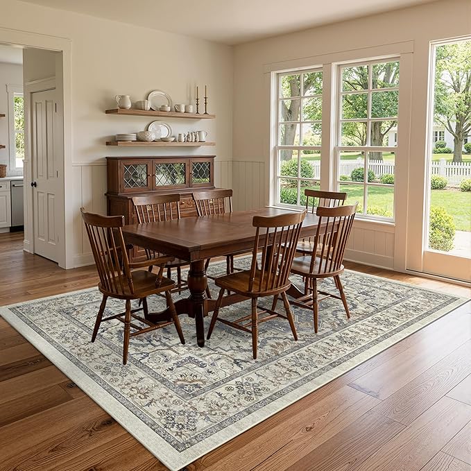 Beige 5x7 Washable Area Rug, Non-Slip Soft Ultra-Thin Polyester Carpet with Vintage Stain Resistant Indoor Rug for Living Room, Bedroom, Dining Room, Nursery Oeko-TEX - Beige/Blue