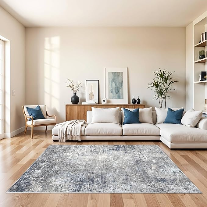 5x7 Washable Area Rug – Modern Neutral Abstract Rug for Living Room Bedroom Kitchen Dining Room Home Office – Non-Slip Low-Pile Thin Indoor Carpet with Rubber Backing (Blue Grey,5x7)