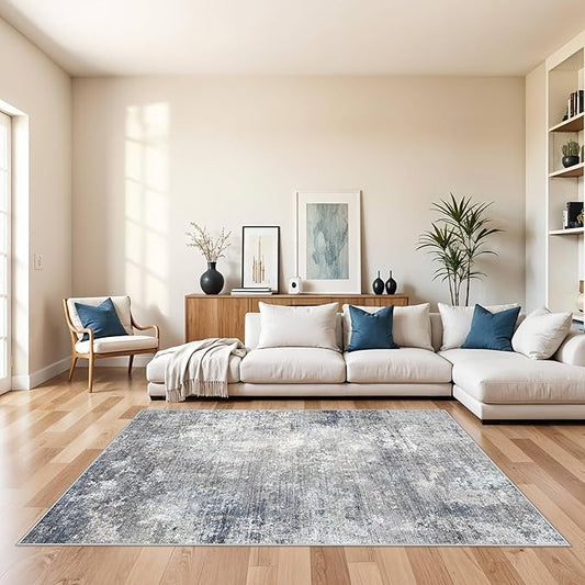 5x7 Washable Area Rug – Modern Neutral Abstract Rug for Living Room Bedroom Kitchen Dining Room Home Office – Non-Slip Low-Pile Thin Indoor Carpet with Rubber Backing (Blue Grey,5x7)