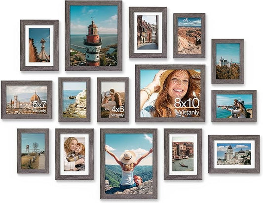 Vittanly 15 Pack Picture Frames Collage Wall Decor for Mounting or Tabletop Display, Gallery Frame Set for Family, Multi Sizes Including 3pcs 8x10, 6pcs 5x7, 6pcs 4x6, Rustic Grey