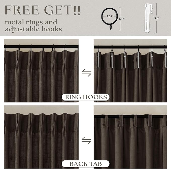 TWODRAPES Dark Chocolate 80 Inch Pinch Pleated Linen Curtains 2 Panels for Living Room Bedroom Memory Training Shaped Semi Sheer Pleat Drapes with Hooks Rings Light Filtering Window Curtain 40x80