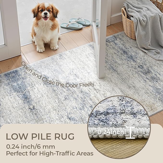 2x3 Washable Rug Runner for Bathroom, Soft Entryway Rug for Laundry Room, Kitchen, Vintage Abstract Hallway Runner for Bedroom, Anti-Slip Door Mat Indoor Entrance(2'x3', Blue/Brown/Ivory)