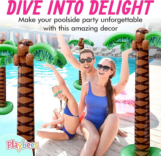 Playbees Giant Inflatable Palm Tree 6 Foot - 4PK - Beach Party Decorations for Summer Luau Themed Pool Party, Tropical Hawaiian Blow Up Palm Tree Favors - Poolside Ambiance, Easy Inflation